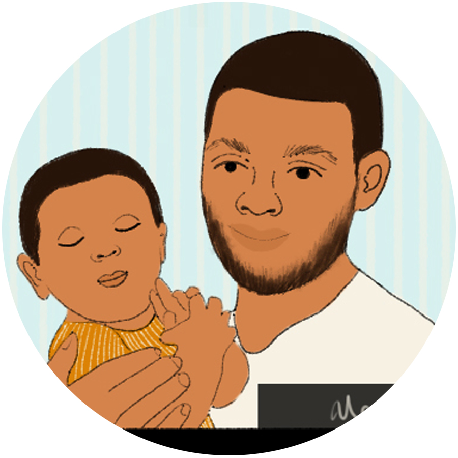 illustration of man and baby on zoom with blue background