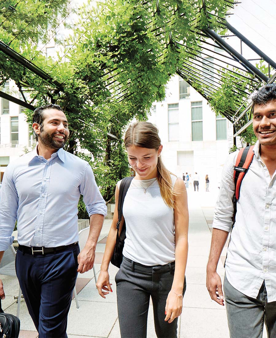 three students smile in discussion walking together down a vine draped path outdoors