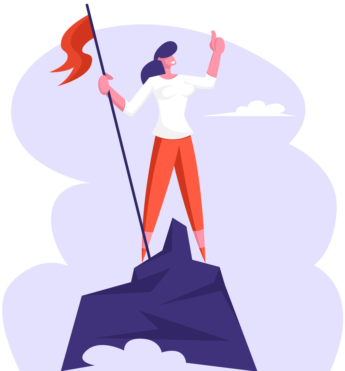 Illustration of a person holding a flag and hand up on top of a mountain