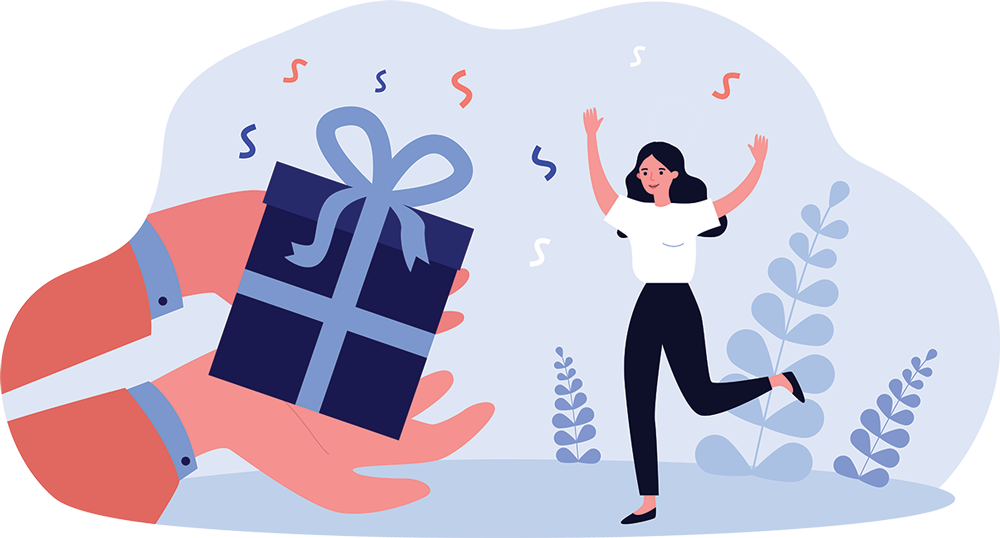 Vector illustration of woman happily receiving a present