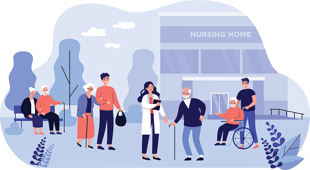 Vector illustration of residents and others outside of nursing home