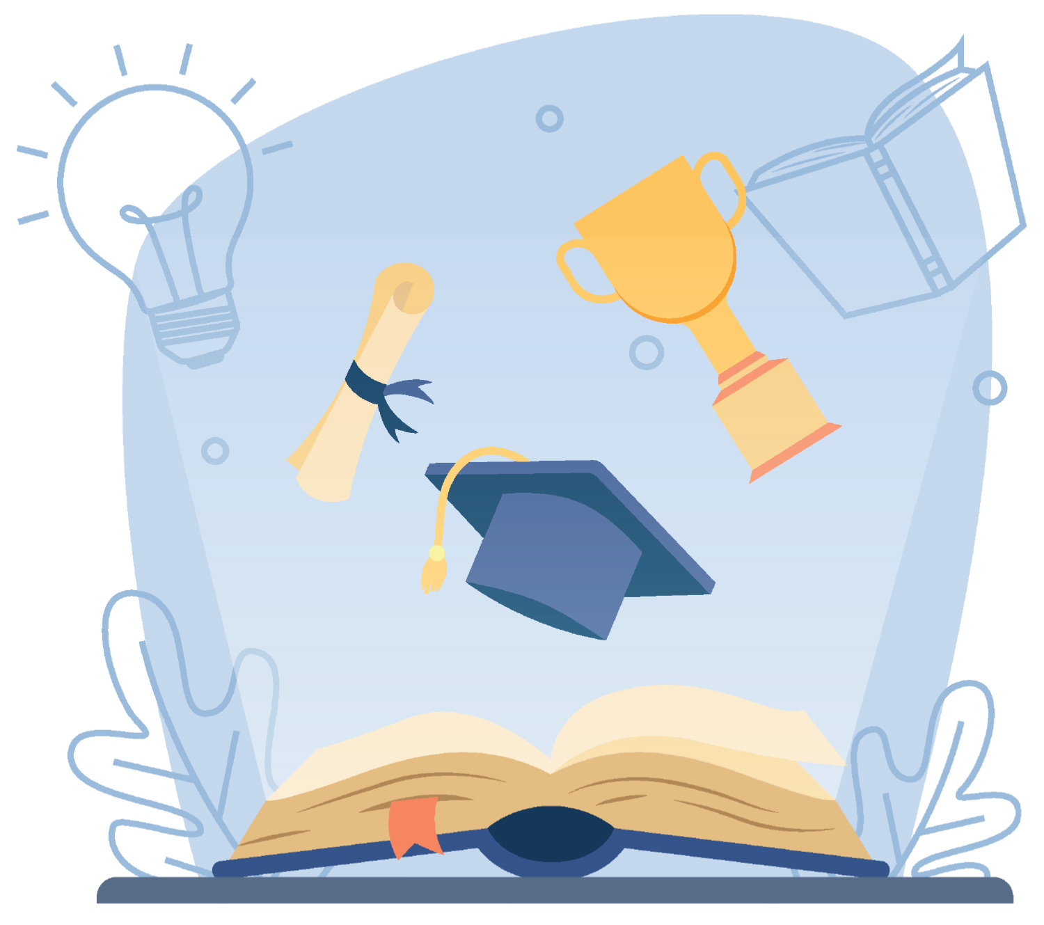 illustration of an open book, above it floats a trophy, a grad cap and a diploma