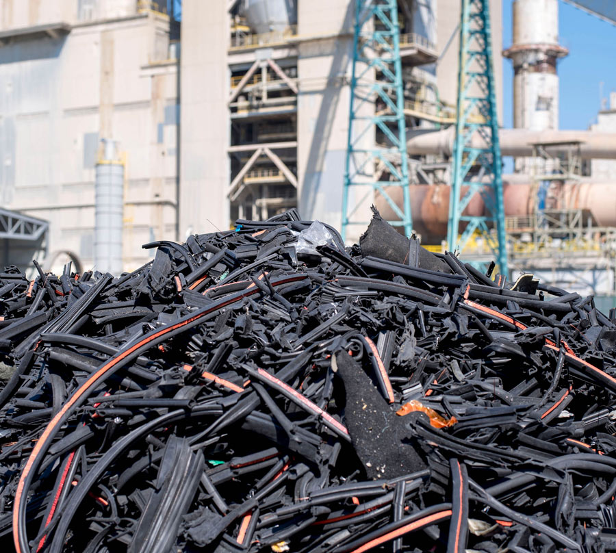 a large pile of disposed rubber scraps