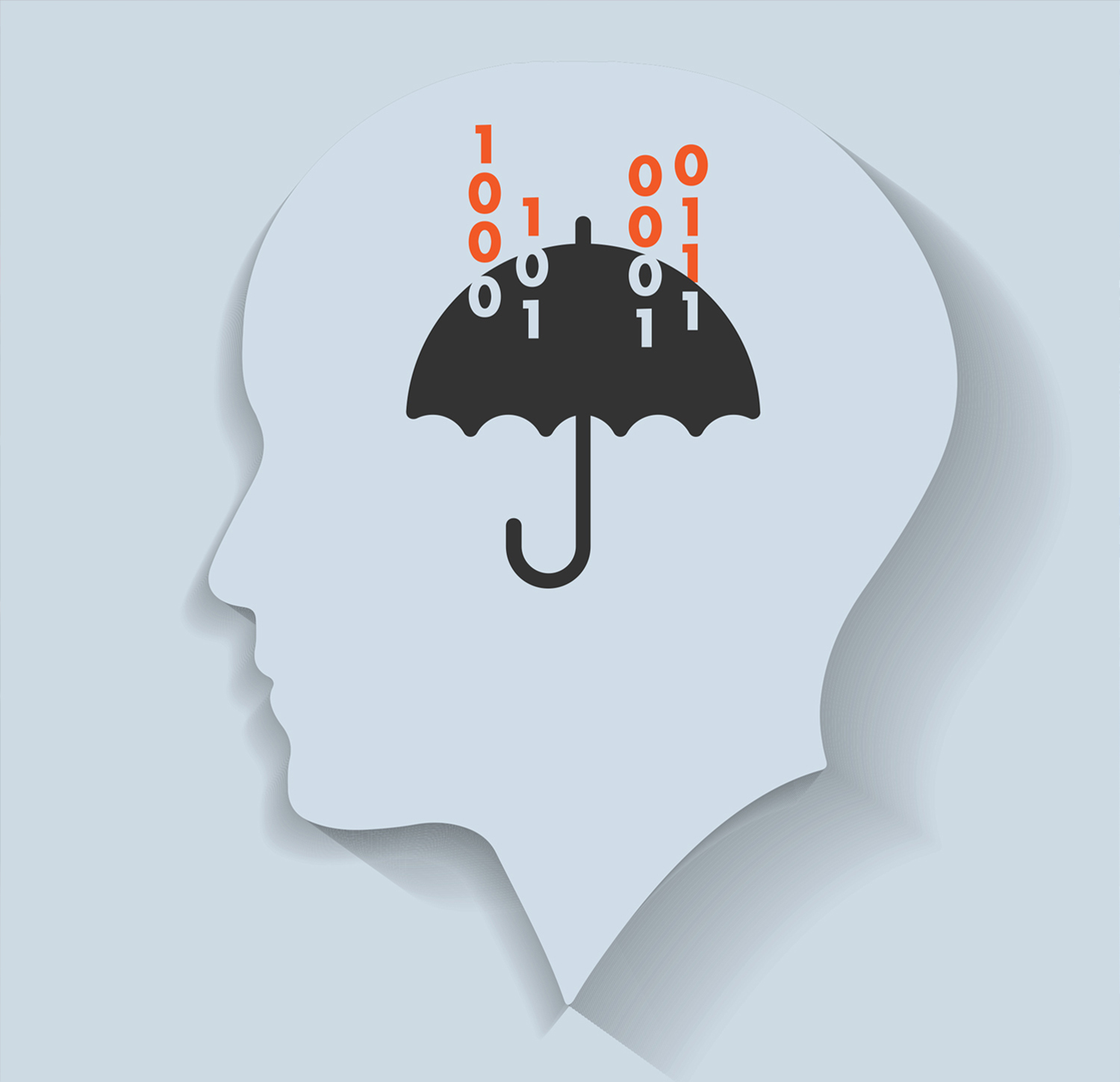 a minimalist head profile with an umbrella in the center with binary numbers falling like rain