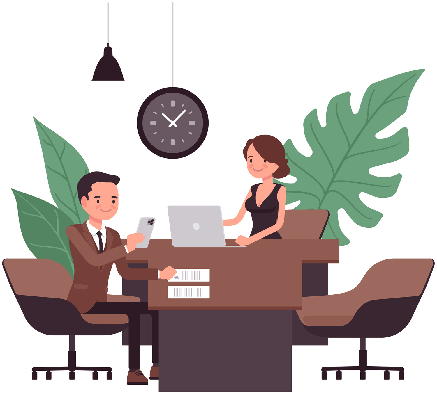 minimalist digital illustration of a man and women work on paperwork and a laptop at a desks