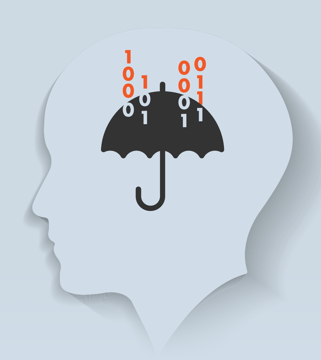 digital illustration of head with binary code raining on an umbrella