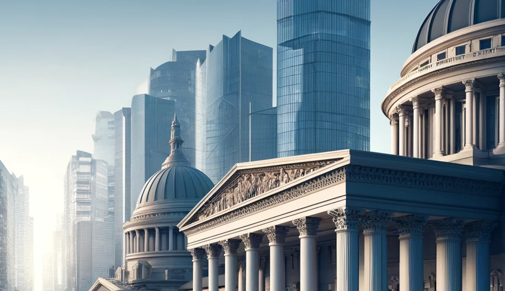 digital rendering of capitol buildings with large skyscrapers in the background