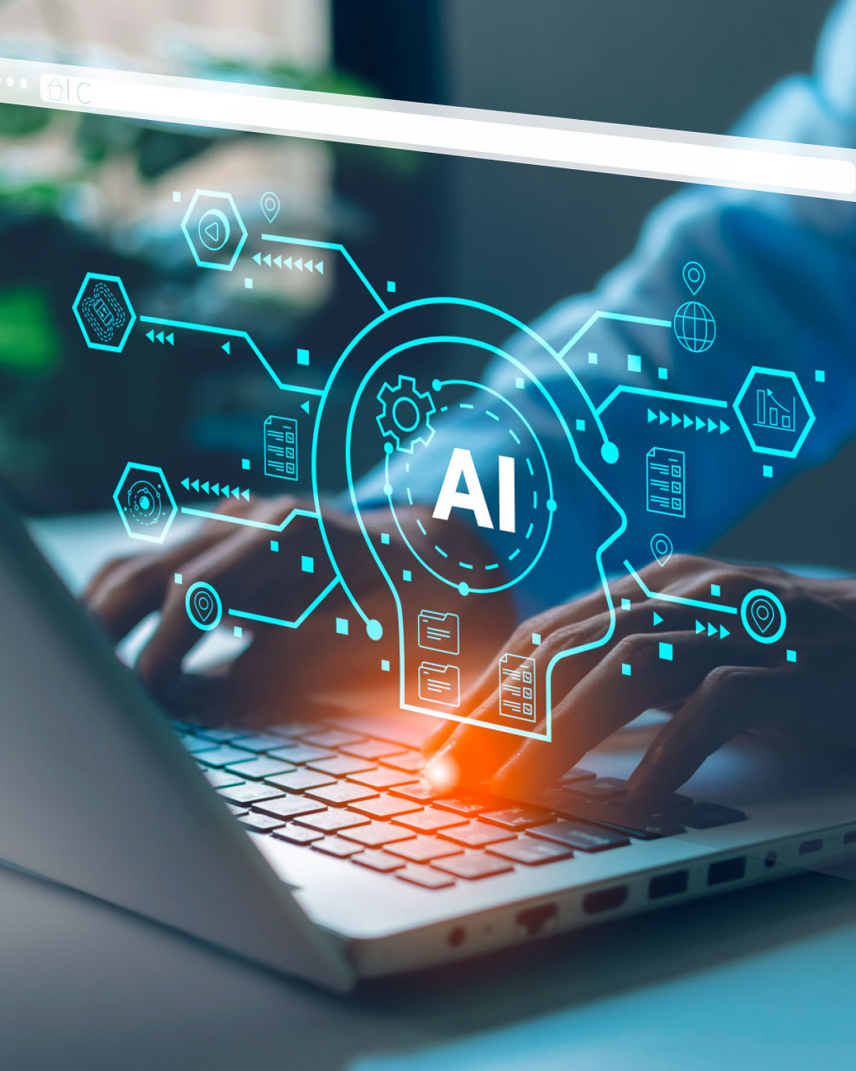 AI hologram graphic floating above hands on laptop