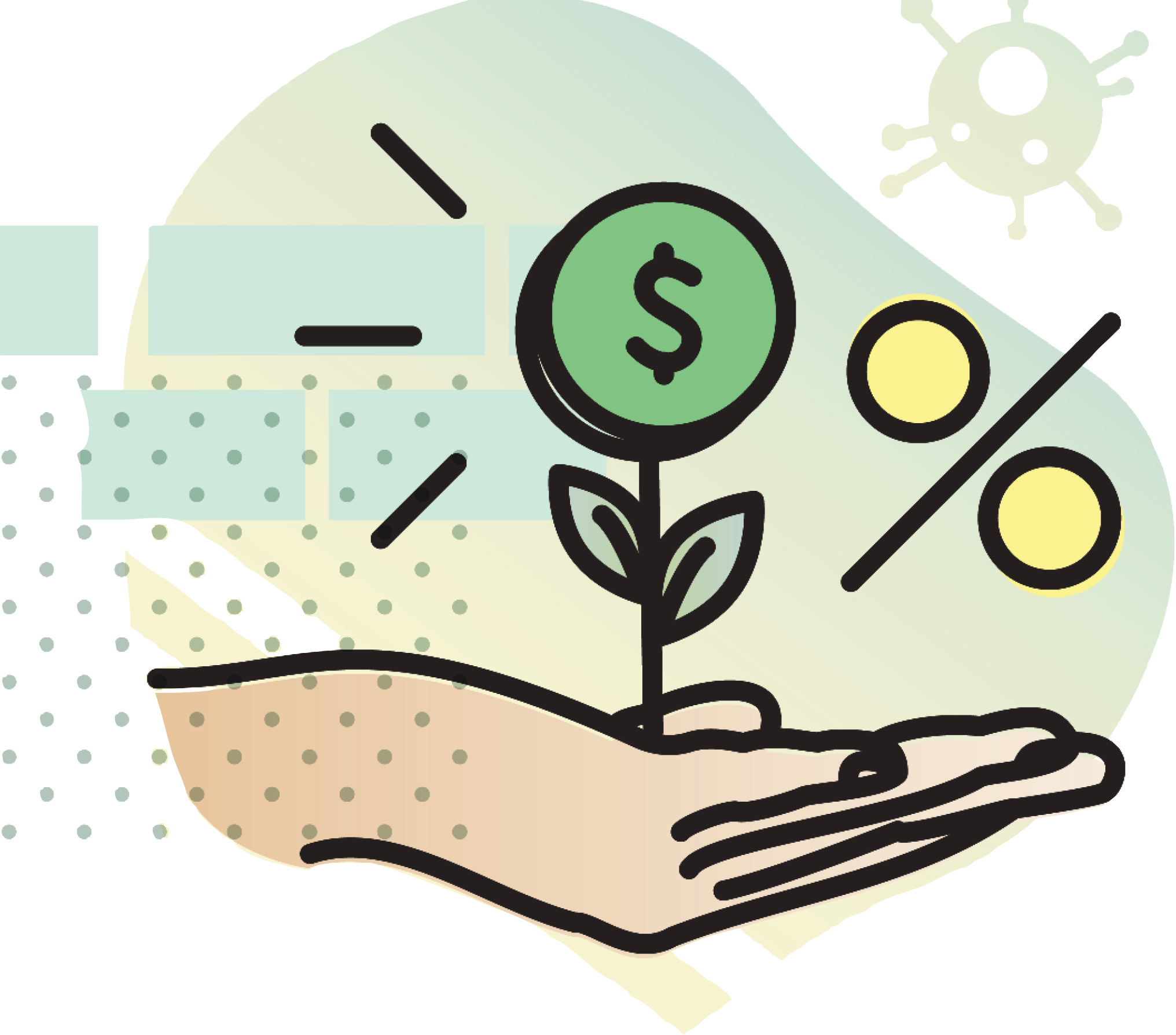 digital illustration of hand with palm up with money flower sprouting