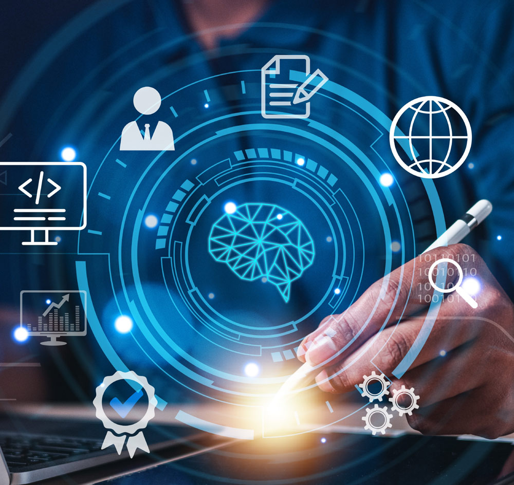 A stylus over a glowing tablet with digital tech icons and a circuit-like brain interface.