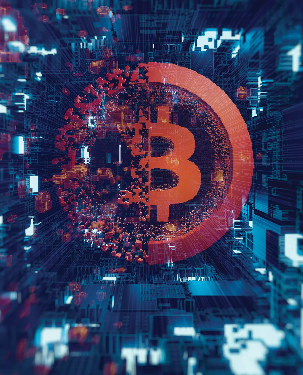 Bitcoin symbol with a digital, pixelated effect on a circuit-like background.