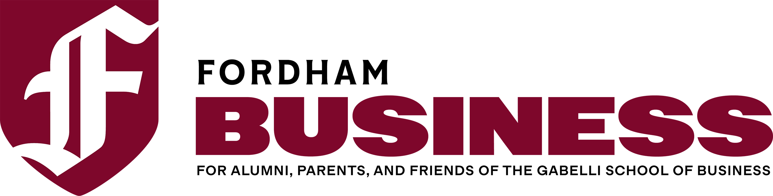Masthead logo reading “Fordham Business” in large white and gold text on a black background, with a shield-style Fordham emblem on the left and the subtitle “For alumni, parents, and friends of the Gabelli School of Business.”