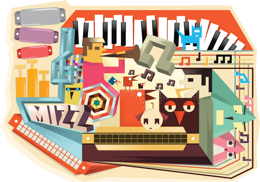 A colorful and geometric vector illustration collage with a musical theme element; There's detailed things like sharp angles and textured patterns