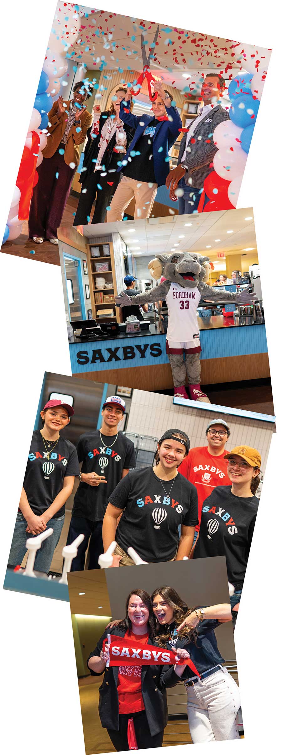 Collage of photos celebrating a Saxbys opening, featuring a ribbon-cutting ceremony, mascot, and smiling team members.